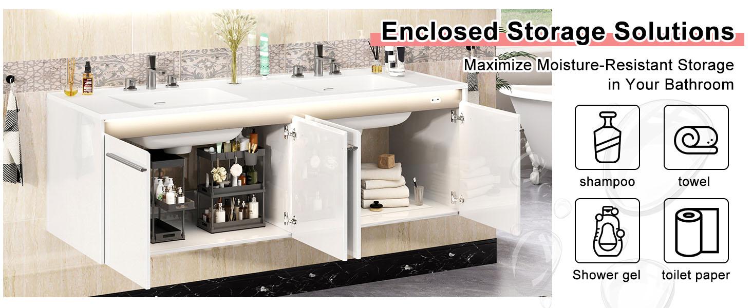 [Ships in 2 Boxes] VanAcc 31/60"Floating Bathroom Vanity with Sink, High Gloss Single Sink Wall Mounted Bathroom Storage Vanity Cabinet with LED Light & Metal Handles, Modern Bathroom Sink Cabinet