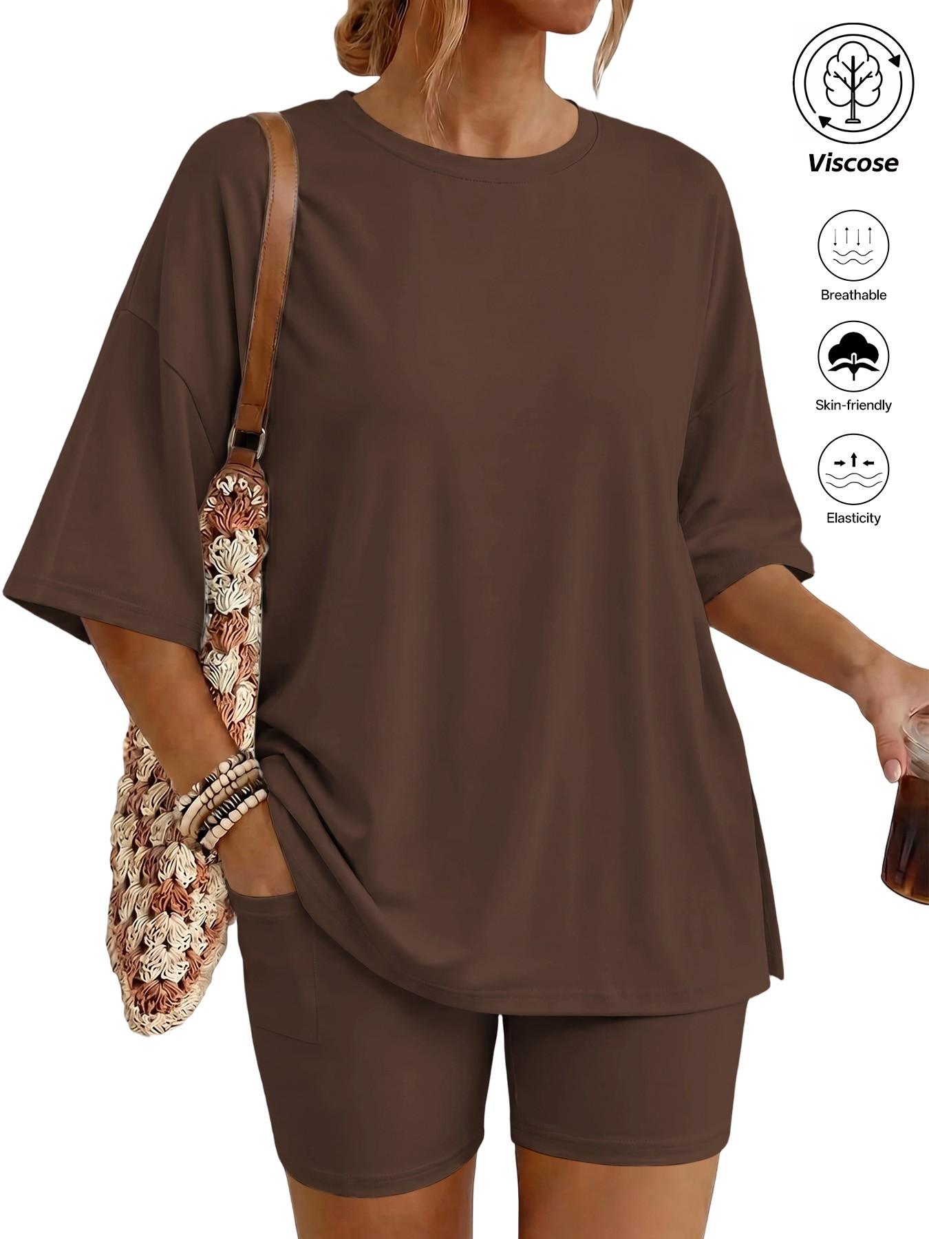 Women's Two Piece Lounge Set Matching, 2026 Summer Casual Basic Oversized Shirts & Biker Shorts, Fitted Plain Design, Perfect for Airport Travel Womenswear Clothes
