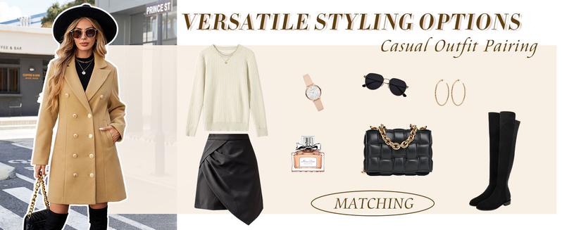 VXYGER Women's Winter Double Breasted Pea Coat Notched Lapel Midi Trench Coat Trendy Elegant Work & Casual Jacket in Camel Off-White Black Navy Yellow Sizes S-XXL Classic Design Warm Comfortable Fabric