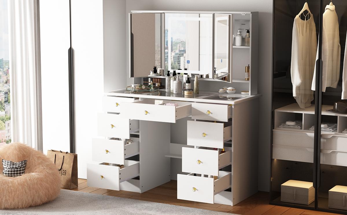 FUFUGAGA-43.3"W Vanity Desk With 9 Drawers, Makeup Desk With 3-Mirror And Touch Screen Light, Dressing Makeup Table For Bedroom
