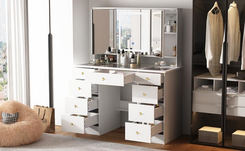 FUFUGAGA-43.3"W Vanity Desk With 9 Drawers, Makeup Desk With 3-Mirror And Touch Screen Light, Dressing Makeup Table For Bedroom