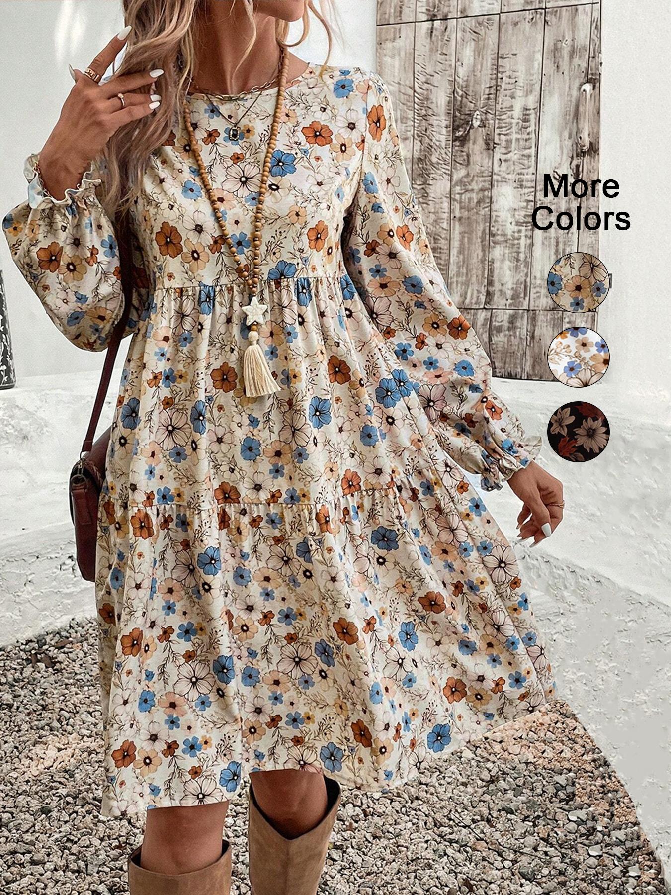 Women's Floral Print Tie Neck Flounce Ruffled Sleeve Woven Dress, Elegant Fashion Casual Dress for Daily Outdoor Wear, Women Dress for Spring Fall