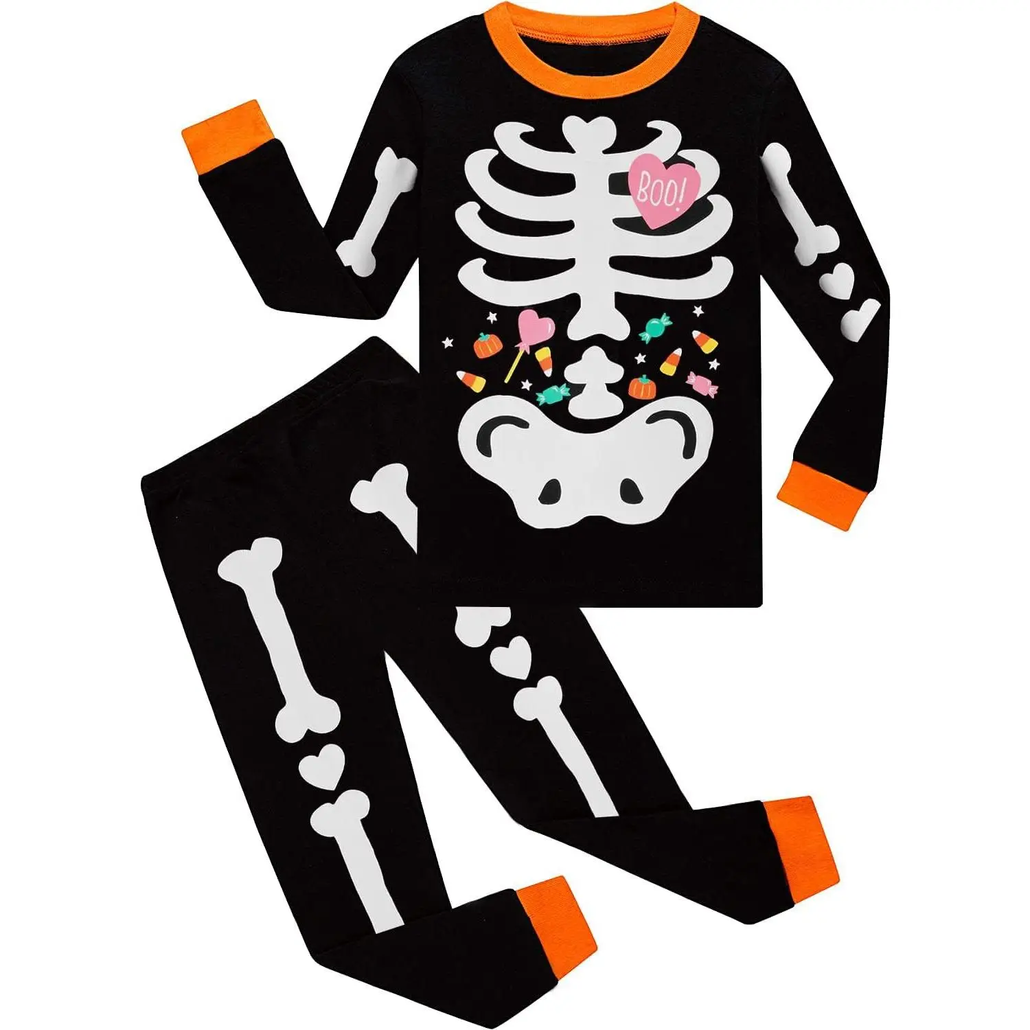 Little Hand Premium Soft Cotton Kids' 2-Piece Glow-in-Dark Skeleton Print Pajama Set - Long Sleeve Shirt, Form-Fitting Sleepwear for Boys, Crew Neck, Elastic Waist, Ribbed Cuffs, Comfy Sleep & Lounge Pants