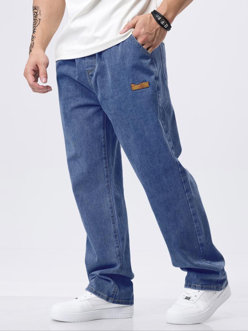 Men's Regular Fit Patched Drawstring Waist Jeans, Casual Comfy Denim Pants for Daily Wear, Bottoms for All Seasons