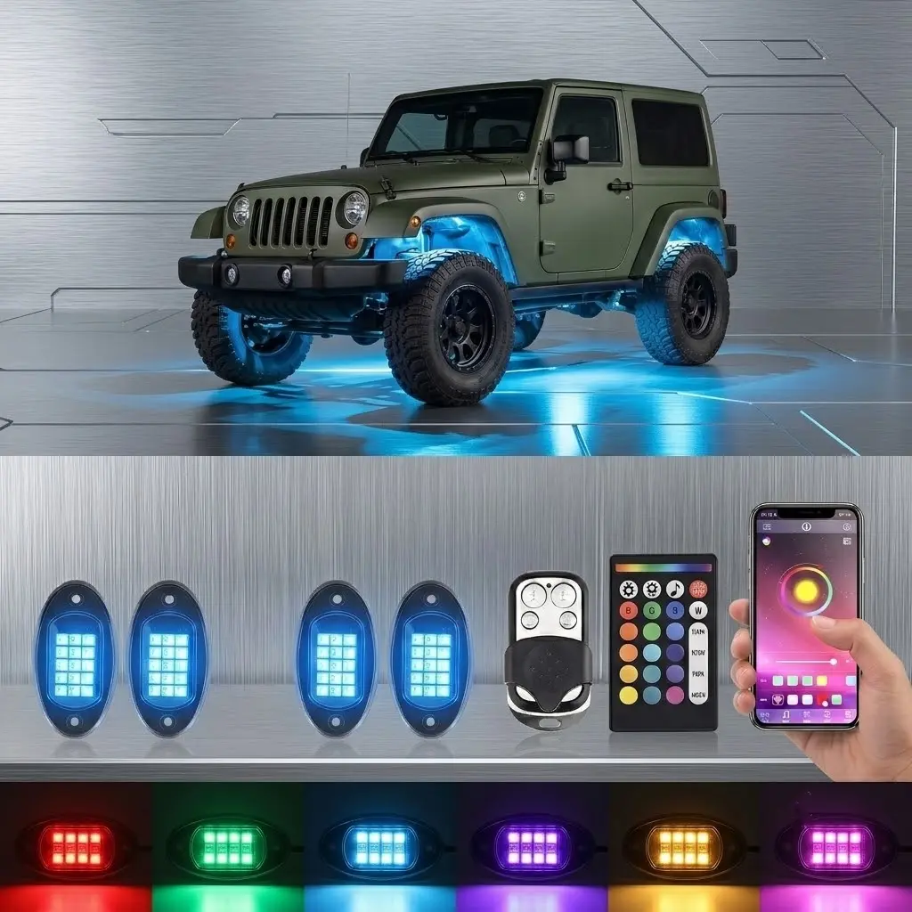 4-Pod Waterproof RGB LED Rock Lights, 12V Multicolor Underglow Kit with APP Control & Music Mode, Brake Alert for ATV/UTV/Trucks Night Driving Vehicle Accent Underbody Accessory, Wire Connectors, Silicone Cover