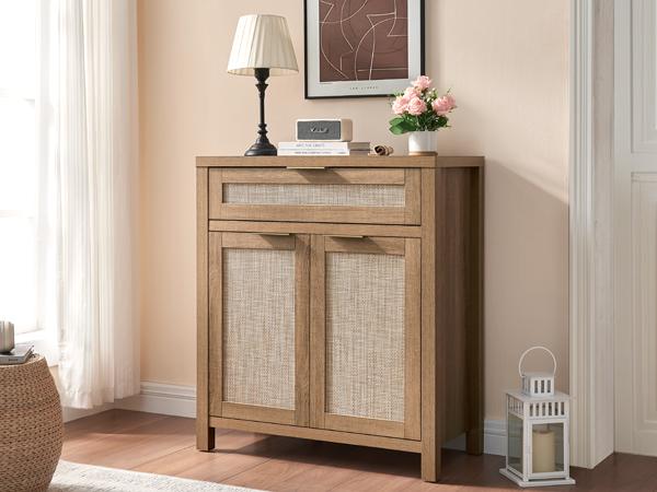 PieDle Furniture Rattan Crafted Storage Cabinet with Adjustable Dividers, Bohemian Style Buffet for Multiple House Areas like Kitchen, Hallway & Living Room