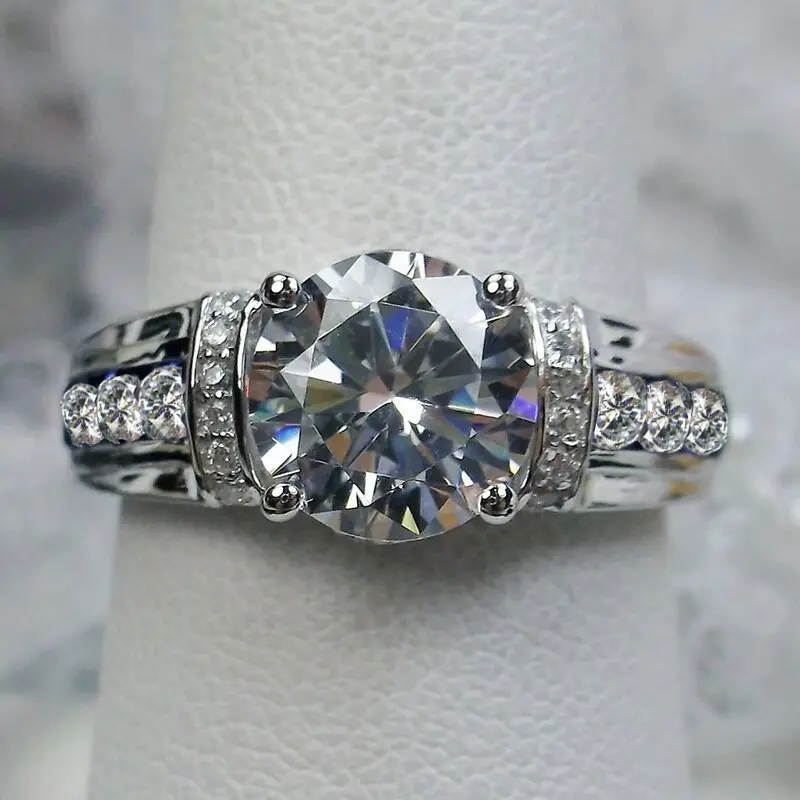 Channel Set Side Accent Round Solitaire Statement Ring, Solid Wide Cocktail Finger Ring, Elegant Ring for Women Christmas Valentine Banquet Occasion