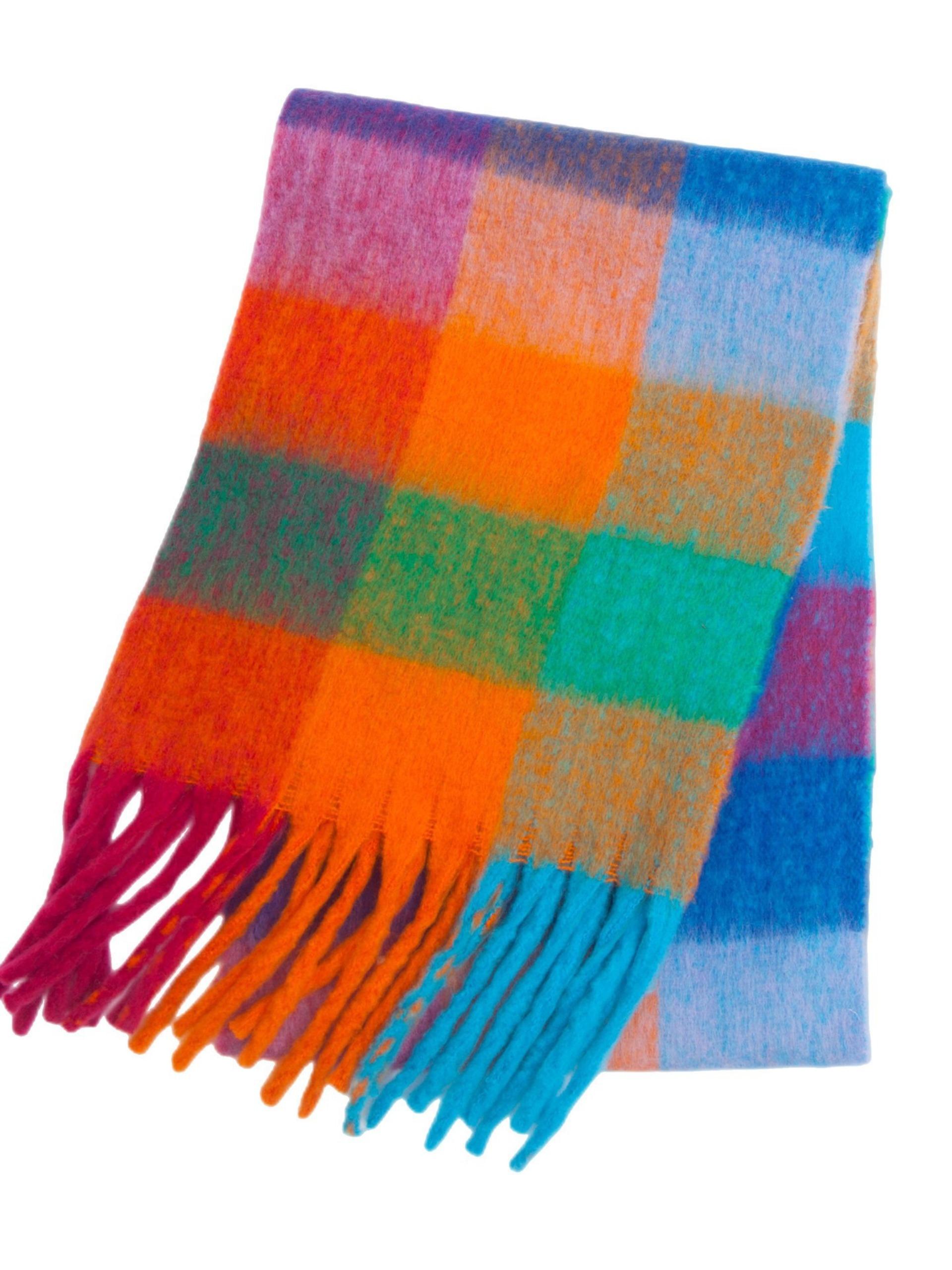 Bohemian colored Rainbow Stripes mesh winter tassel coarse scarf, thick, soft and warm shawl, autumn and winter cold and hot protection windproof wrapping hijab, scarf and neck, suitable for women, Casual Soft Shawl
