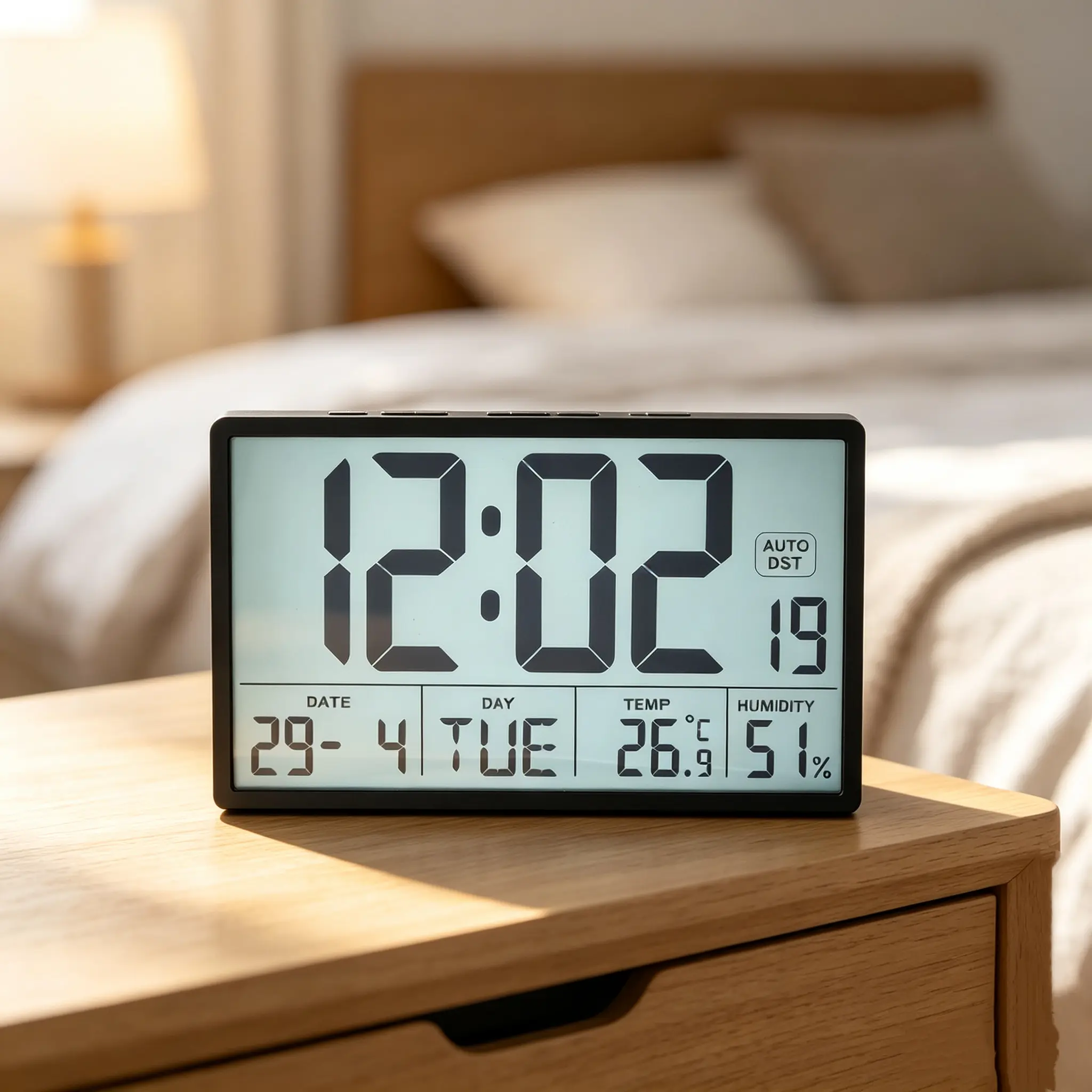 8-in Large Display Plastic LED Digital Wall Clock, Jumbo Visible LCD Numbers, Automatic DST Adjustment, Temperature & Date Display, Battery-Powered Home Decor for Office-Warehouse (Black/White)