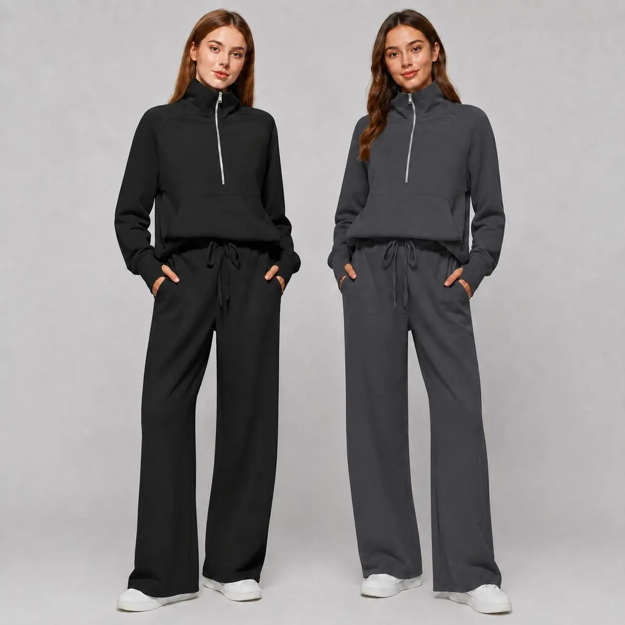 Womens Casual Plus Size Two Piece Outfit Lightweight Half Zip Sweatshirt with Wide Leg Sweatpants Relaxed Matching Lounge Tracksuit for Spring Fall Travel