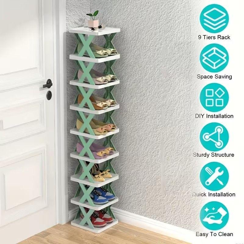 Nine-layer shoe rack. This space-saving vertical shoe rack can hold 9 pairs of shoes. Suitable for wardrobes, corridors, bathrooms, and dormitories. Plastic stackable shoe rack - a multi-functional storage rack for doorways, easy to assemble.