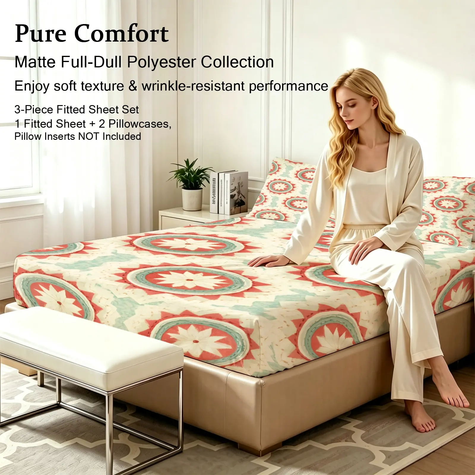 3pcs Fitted sheet Boho Vintage Pattern Bedding Set, Ultra Soft Full Dull Polyester Hotel Luxury, Wrinkle Resistant Fade Proof Breathable, Fit Twin Full Queen King Size, 1 Fitted Sheet + 2 Pillowcases(Pillow Inserts Not Included)