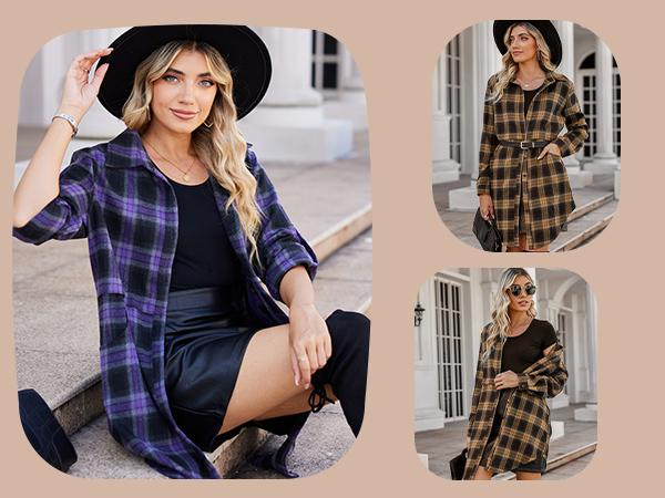 Women's Flannel Plaid Shirts Roll Up Long Sleeve Collared Button Down Boyfriend Shirts with Pockets Blouse Casual Cotton Top Womenswear Check Dress Elegant Lightweight Loose