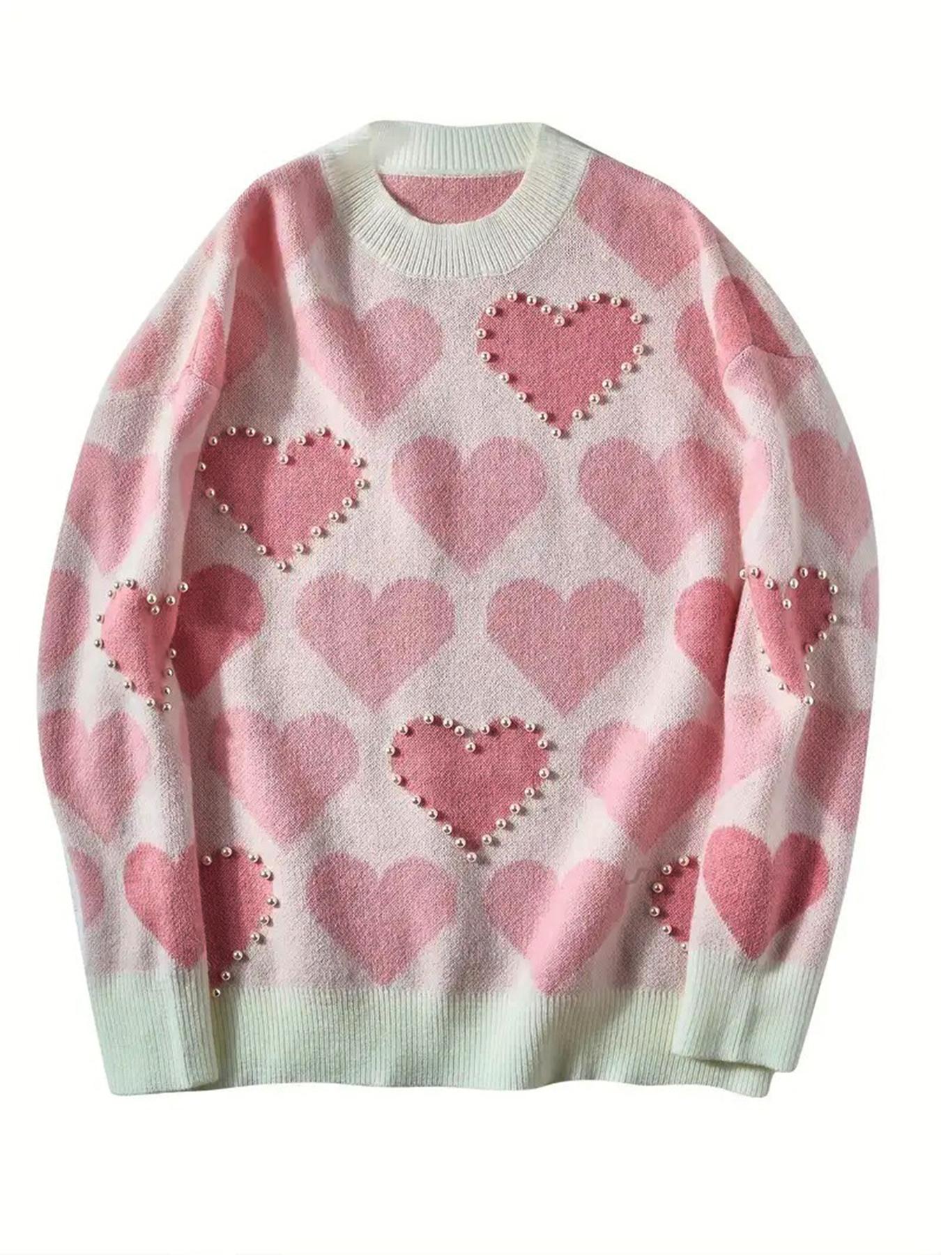 Women's Heart Beaded Sweater Knitwear, Loose Fit Soft Knit Pullover, Elegant Round Neck Jumper for Fall & Winter, Unique Design Casual Wear