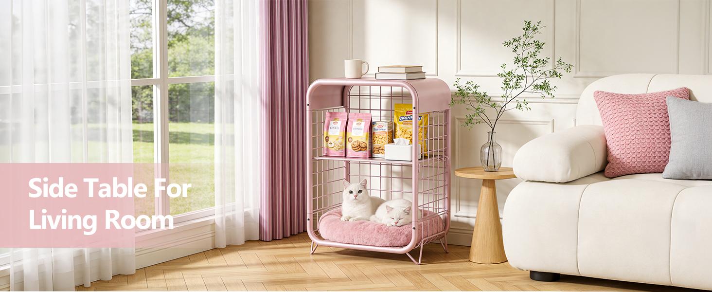 Cute Nightstand, Metal End Table, Side Table with Storage, 3-Tier Narrow End Table for Girls, Small Beside Table for Bedroom, Living Room, Office, Decor, Pink
