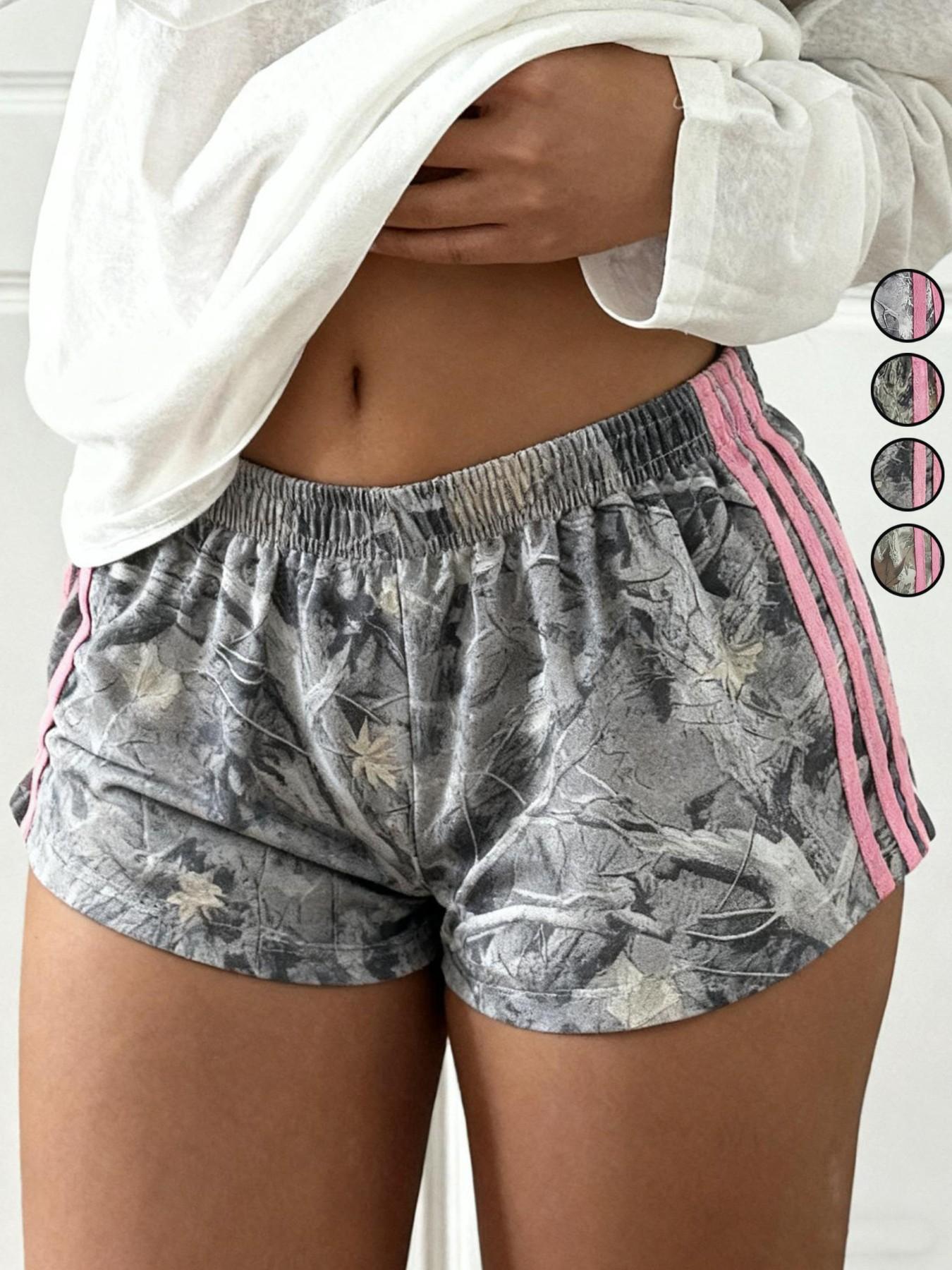 Women's Summer Fashion Casual Shorts, Full Camo Print Multi-Color Options, Stylish Side Stripes, Loose-Fitting Elastic Waist Pants