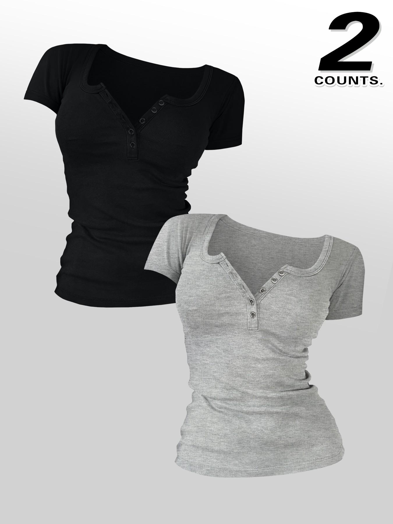 Women's Solid Color Button V-Neck Tee, Casual Short-Sleeve T-Shirt Top for Summer Daily Wear, Ladies Clothes
