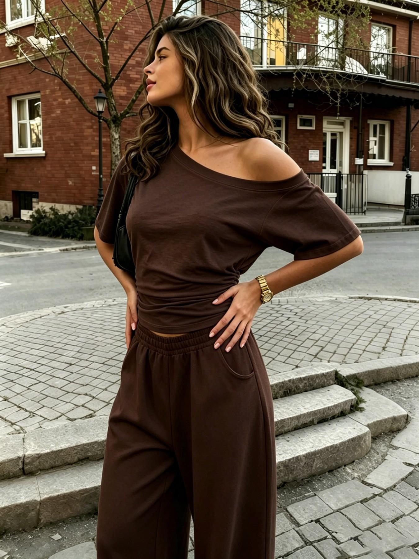 Women's Two-Piece Set, Casual Everyday Summer, Basic Solid Plain Minimalist Slim-Fit T-Shirt and Long Pants, Mid-Waist, Short Sleeve, All Seasons, Womenswear Top, Clothes, Bottom