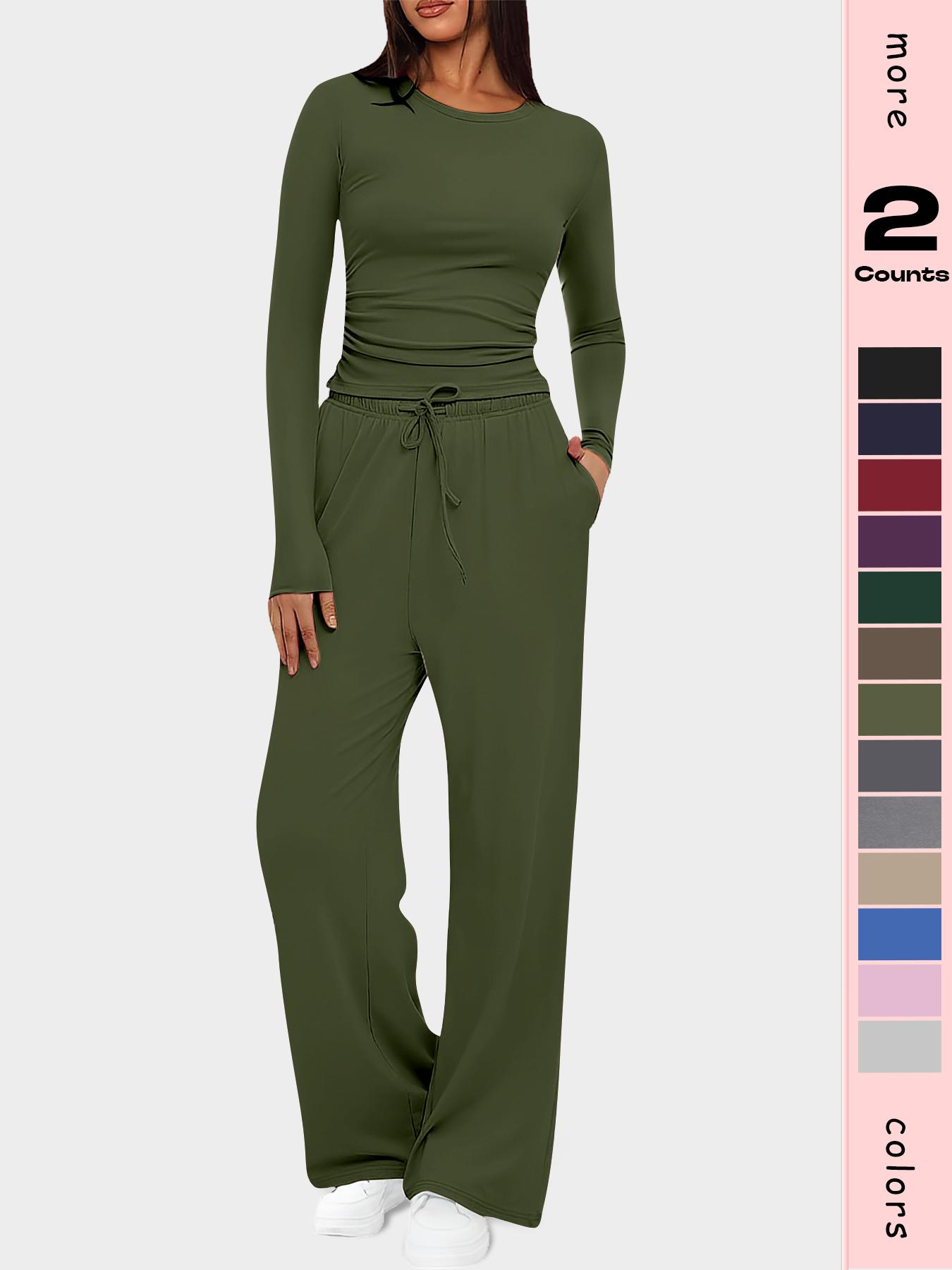 Women's 2-Piece Set Autumn and Winter Loungewear Sets, Ruched Fitted Long Sleeve Tops & High Waisted Wide Leg Pants