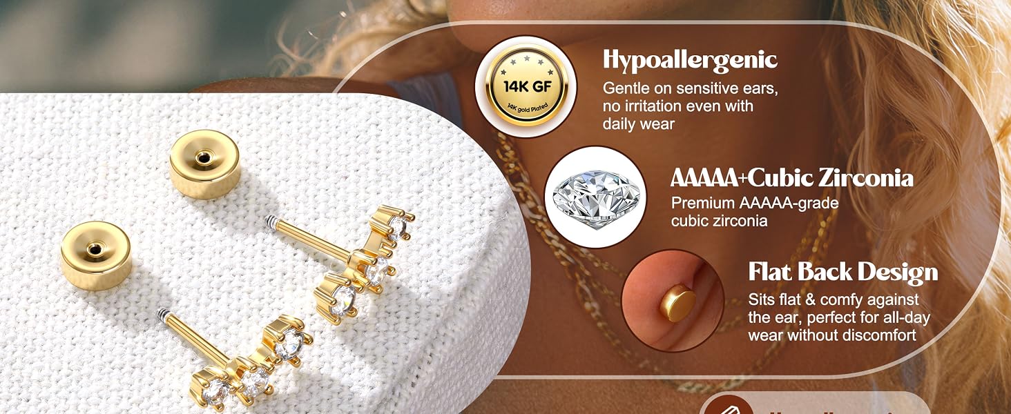 Trendy Hypoallergenic Flat Back Earrings Set for Women-Surgical Stainless Steel Earrings for Sensitive Ears-14K Gold Plated Chain Cartilage Earring Stacks Flatback Stud Hoop Earring Sets for Multiple Piercing Jewelry
