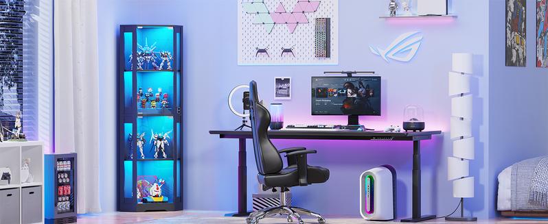 BROTTAR 65" Corner Glass Display Cabinet with LED Lights, 4-Tier Showcase Display Case with Glass Doors & Human Body Sensor for Collectibles, Toys, Liquor, Black/White