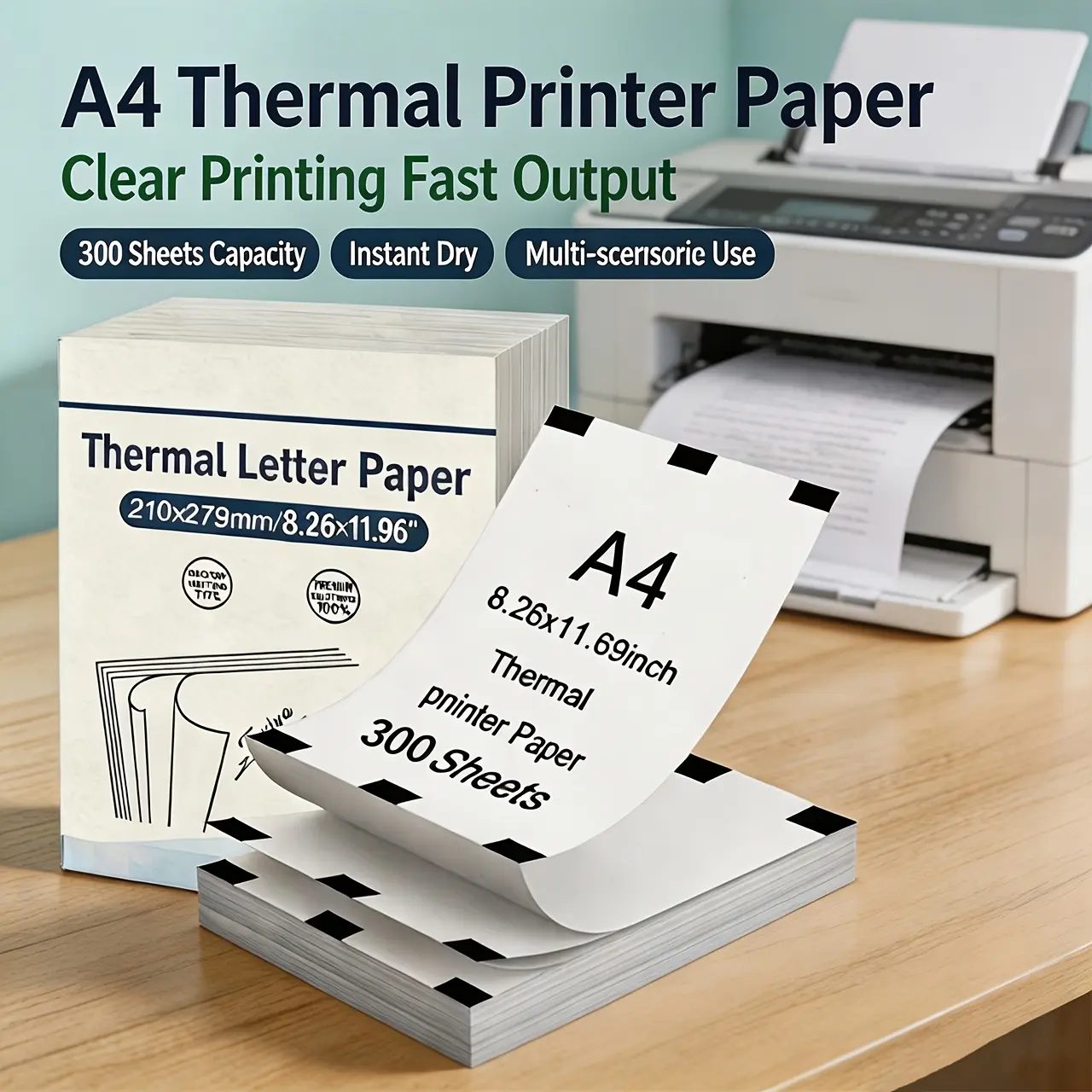 300 Sheets of A4 Thermal Printing Paper, 8.26 x 11.69 Inches (A4 Size) | Compatible with Most A4 Inkless Printers; Quick-Drying; Suitable for Home, Office, and School Use