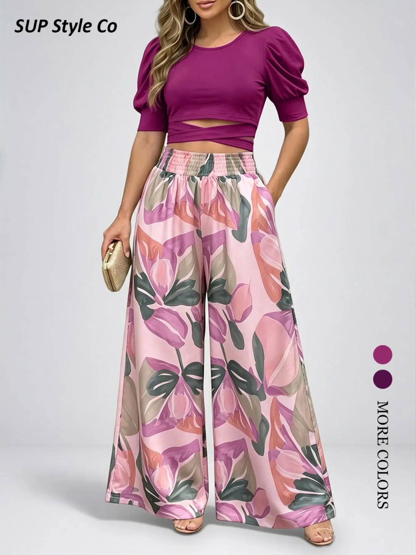 2 Piece Set: Bubble Sleeve Short Top + Tropical Print Wide Leg Pants, Vintage Romantic Style, Perfect for Vacation, Date Night, Casual
