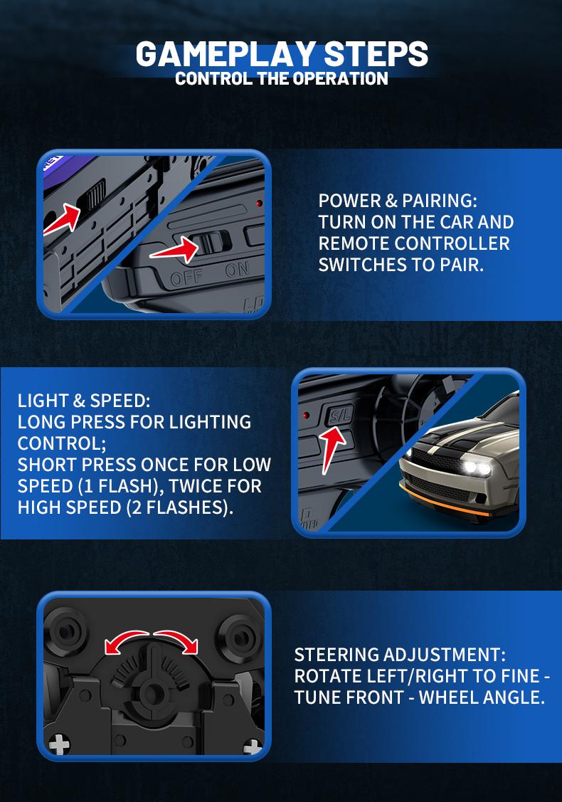 1:64 Mini RC Drift Car 4WD High Speed Remote Control Car, 2 Rechargeable Batteries Long Playtime, 2.4GHz Anti-Interference, LED Lights Drifting Tires for Kids & Adults