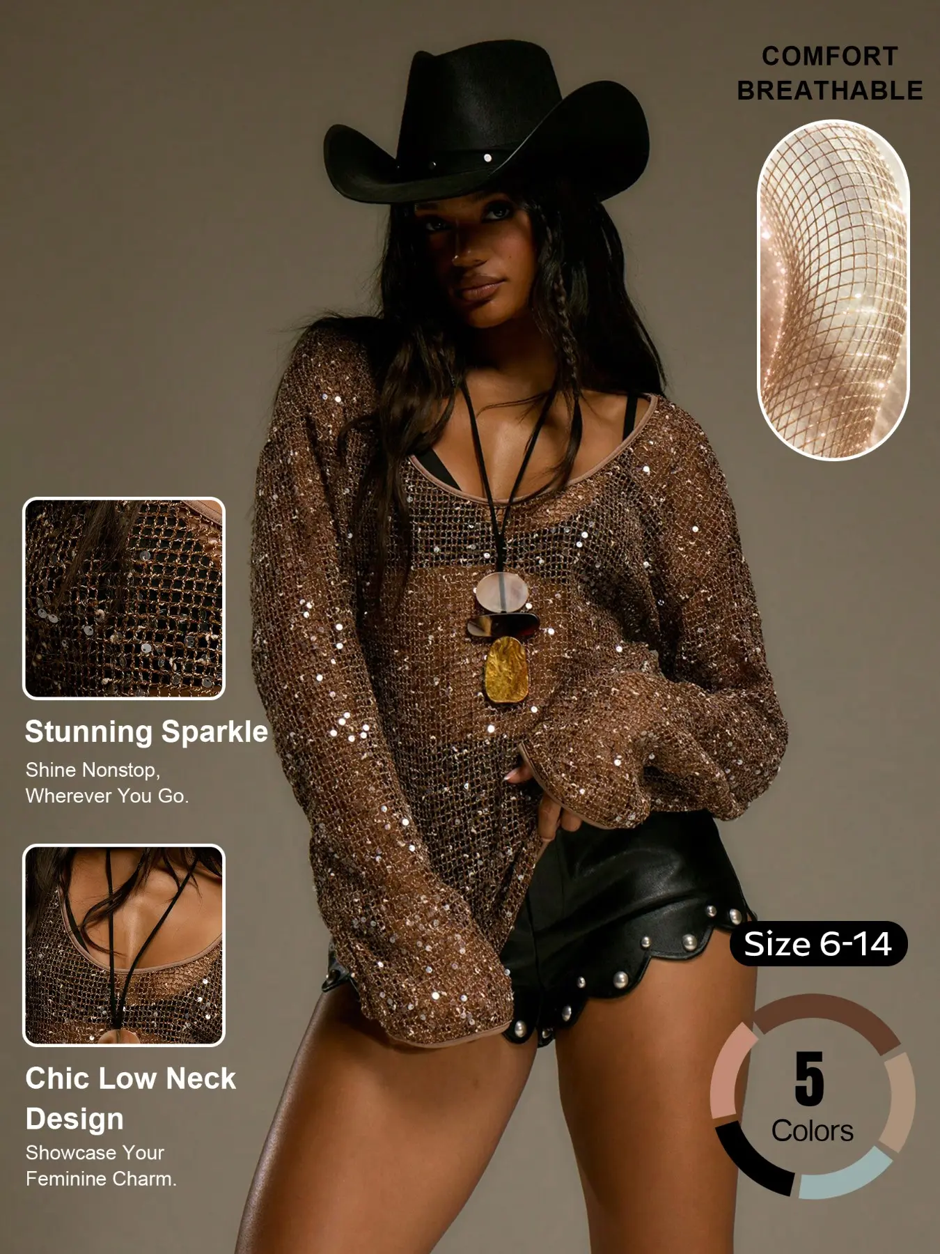 Women's Fashion Glittery Hollow Out Breathable Long Sleeve Top, Versatile Low Neck Loose Sequin Cover-Up, Stylish All-Season Wear#TikTokMadeMeBuyIt#FindYourStyle#CasualChic