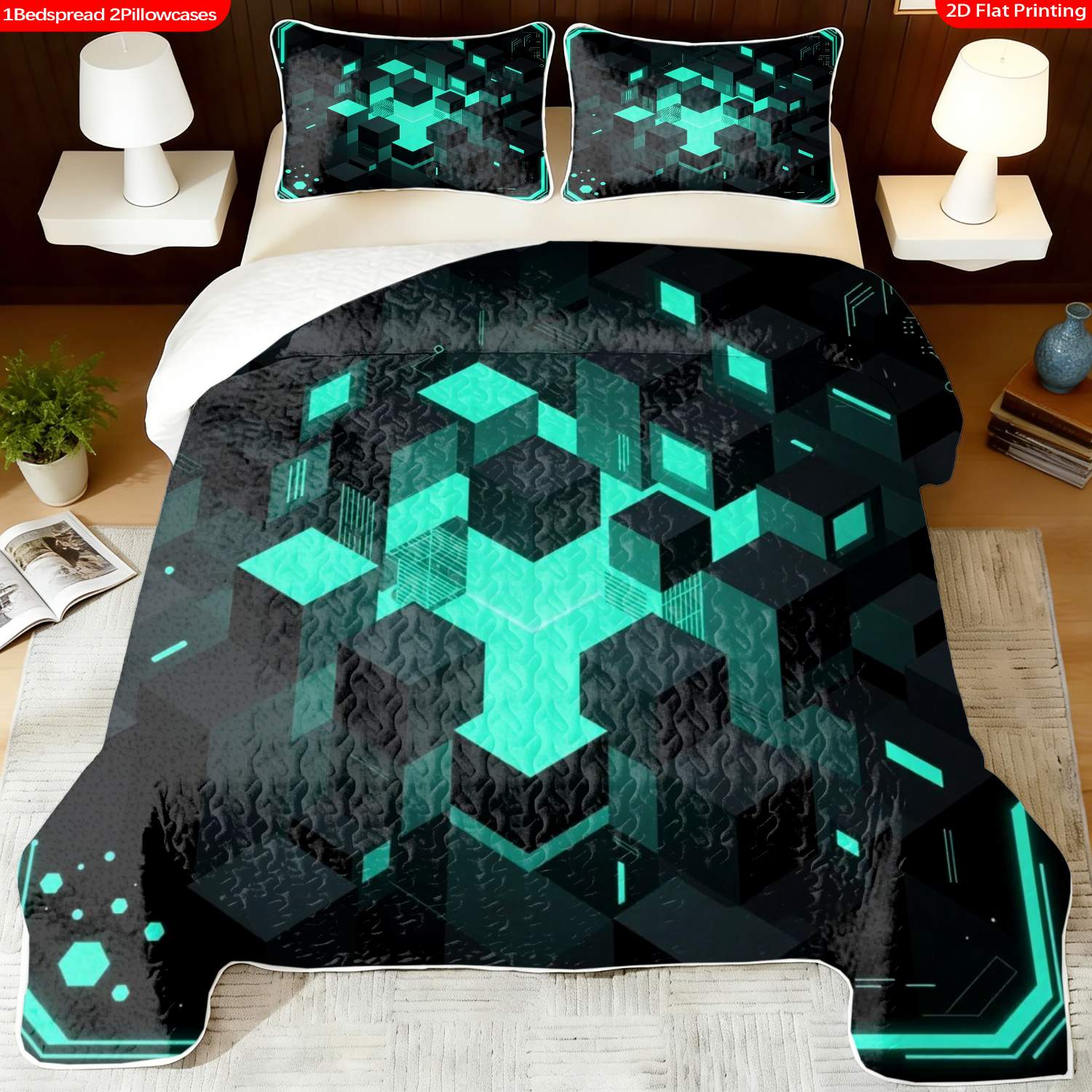 3 pcs, 2D Flat Print Neon Geometric Cubes Bedspread Set, Soft and Comfortable, Multiple Sizes Available, Suitable for Gifting and Daily Use, Ideal for Creating a Cozy Home Atmosphere(1 bedspread , 2 pillowcases)