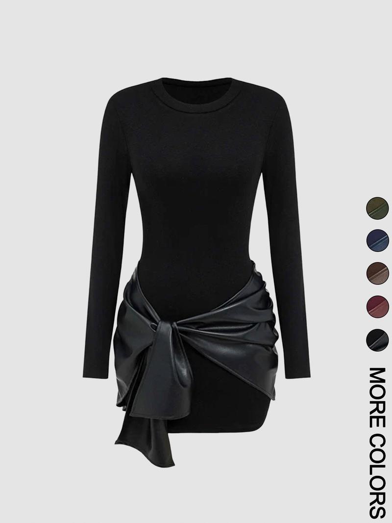 Women's Patchwork Knot Side Dress, Casual Fashion Long Sleeve Dress for Daily Wear, Ladies Clothes for All Seasons, Womenswear Women's Patchwork Knot Side Dress, Casual Fashion Long Sleeve Dress for Daily Wear, Ladies Clothes for All Seasons, Womenswear