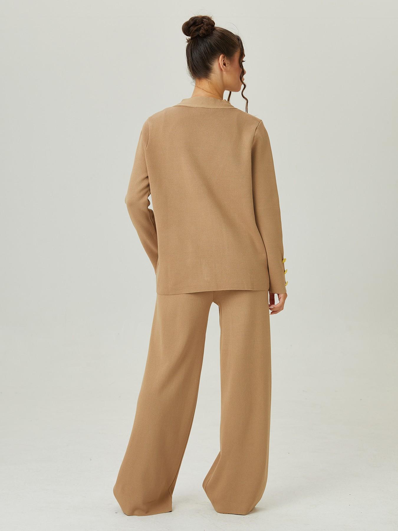 Women's Versatile V-Neck Gold Button Side Pocket Knit Cardigan and High Waist Wide Leg Pants Set, Elegant Two-Piece, Comfortable Women's Clothing#TikTokMadeMeBuyIt #CasualChic#MatchingSet