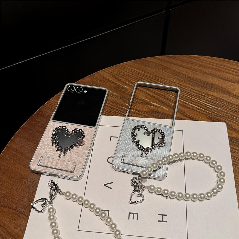 Korean Cute Heart Mirror Stand Phone Case For Samsung Galaxy Z Flip 7 6 5 4 3 Flip6 Flip7 Cover with Chain Denim Cute Cases Capa