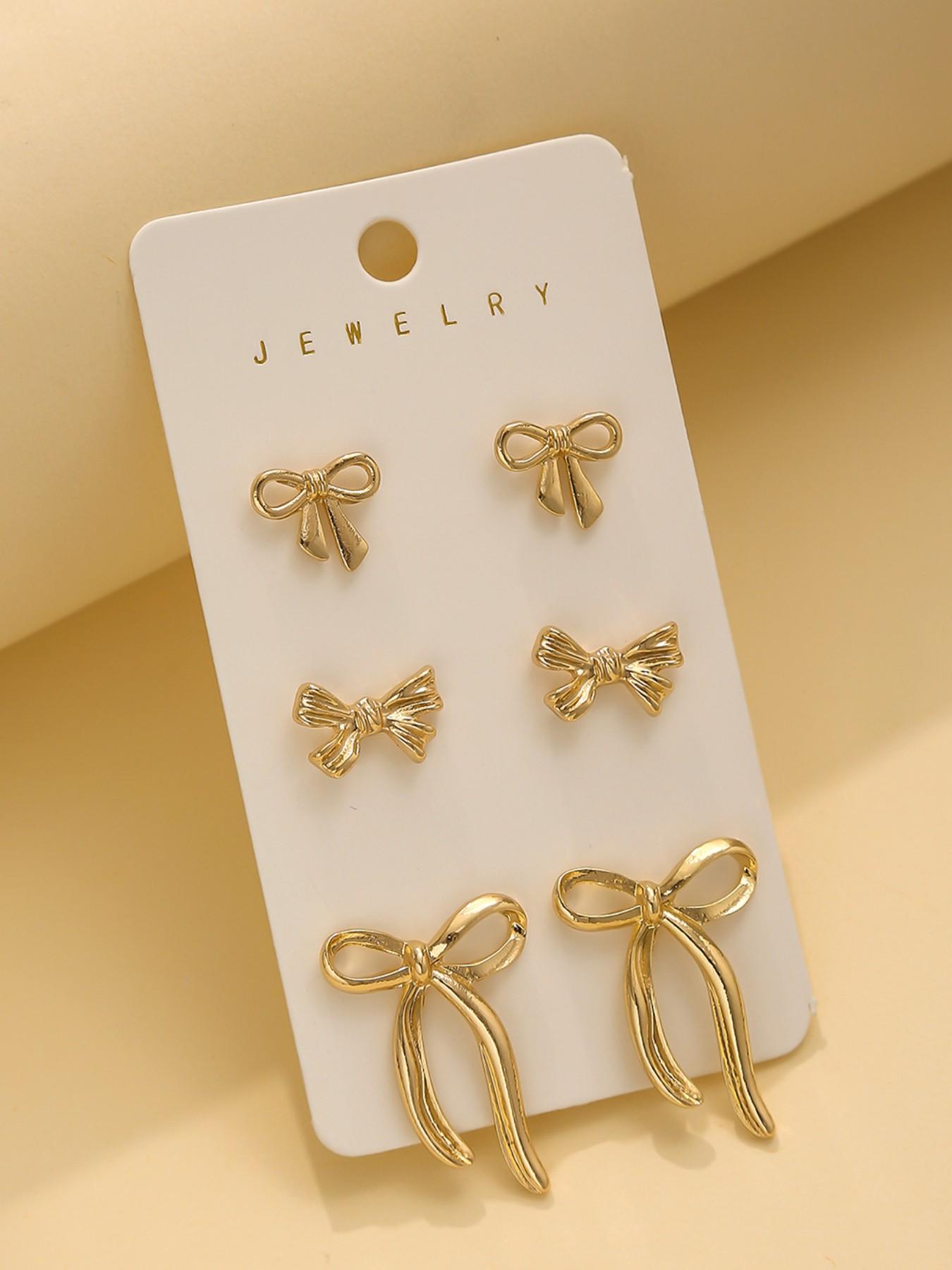 3 Piece Set Fashion Matte Bow Stud Earrings, Sweet Girl Style, Alloy Material, Casual Wear, Perfect for Dating and Photoshoots