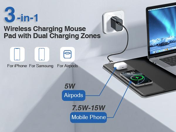 XXL Wireless Charging Mouse Pad 31.5"x15.8" Large Desk Mat for Laptop Keyboard Waterproof Smooth Surface Non-Slip Base Black Office PC Gaming Mat