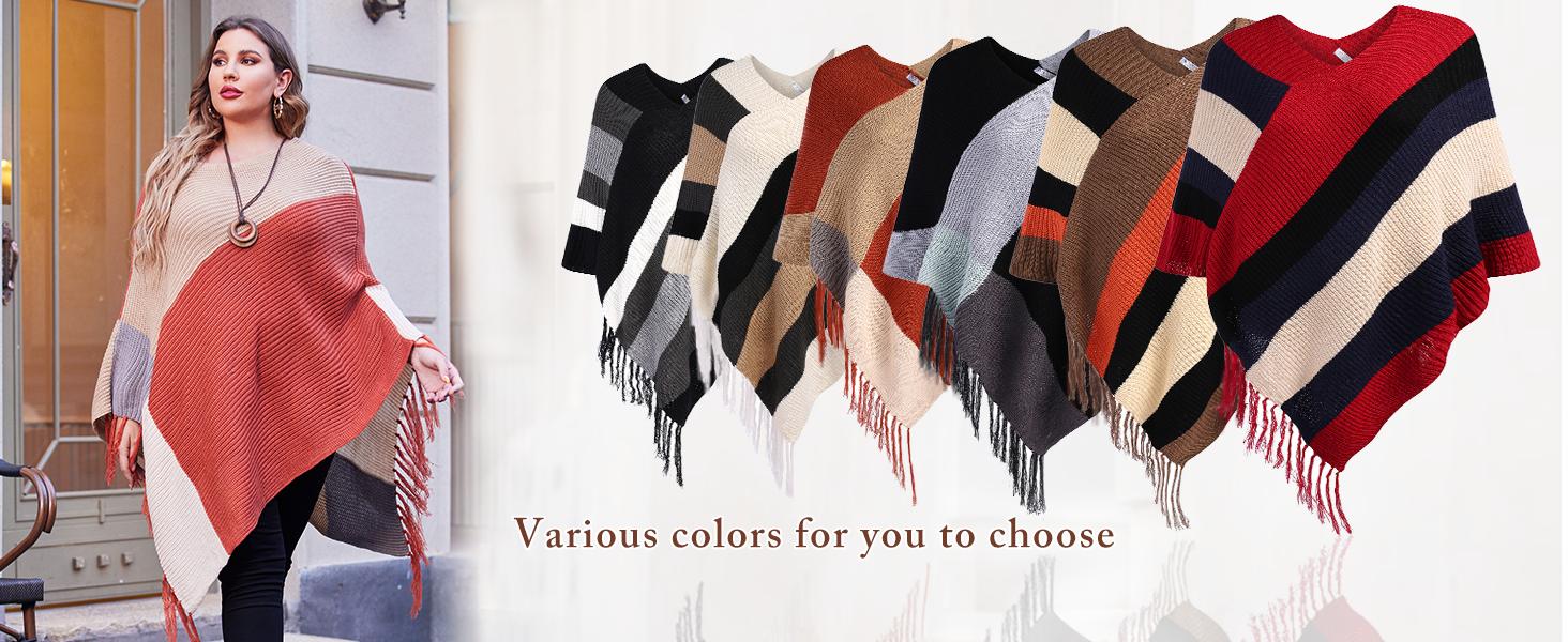 IN'VOLAND Women's Knitted Shawl Poncho with Fringed Capelet V-Neck Striped Sweater Pullover Cape Strapless