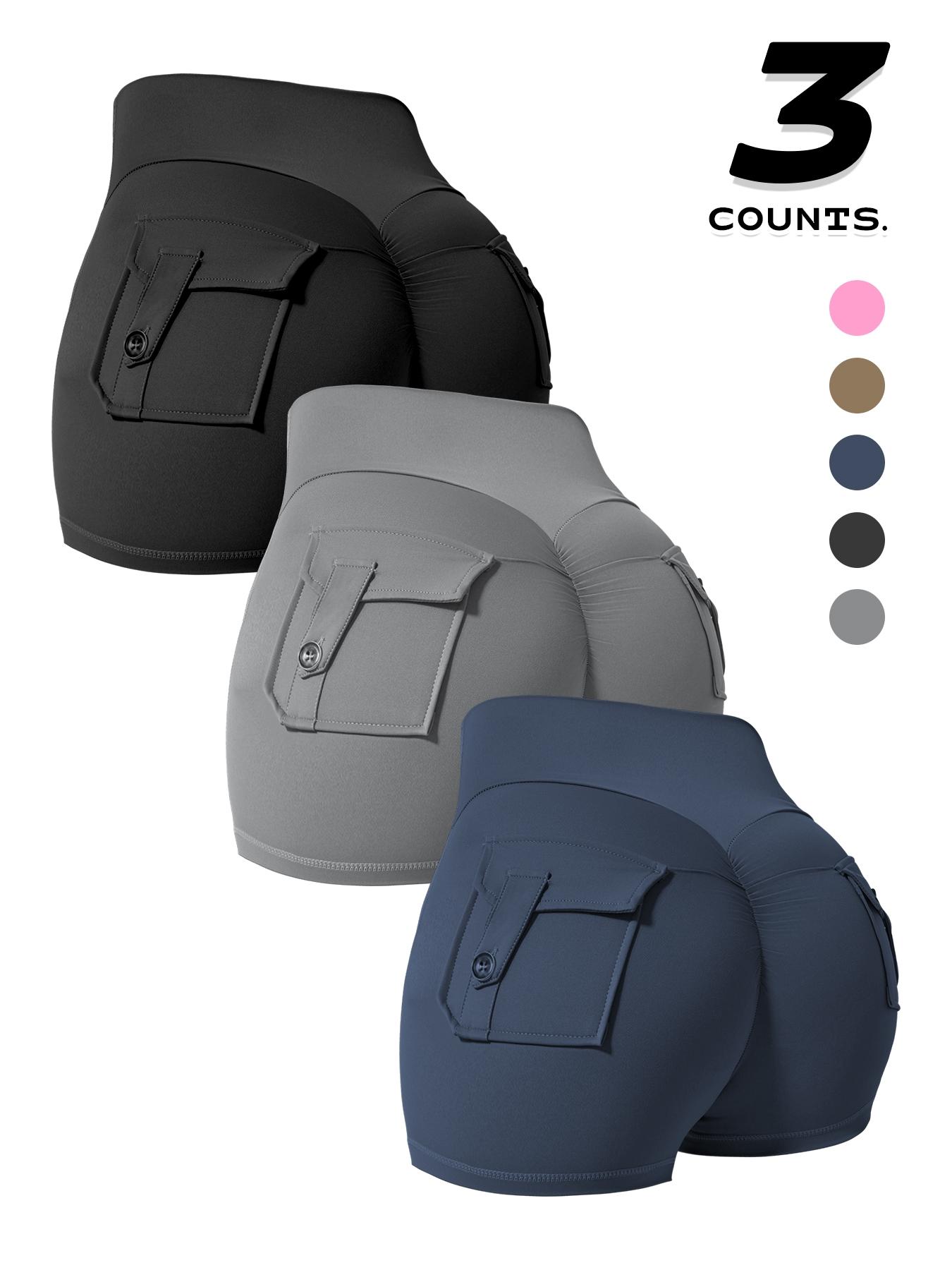 Women's Solid Button Pocket Sports Shorts, High Waist Comfy Breathable Ruched Skinny Sports Shorts for Yoga Gym Workout Running, Ladies Sportswear for Fall & Winter, Breathable Fitness Shorts