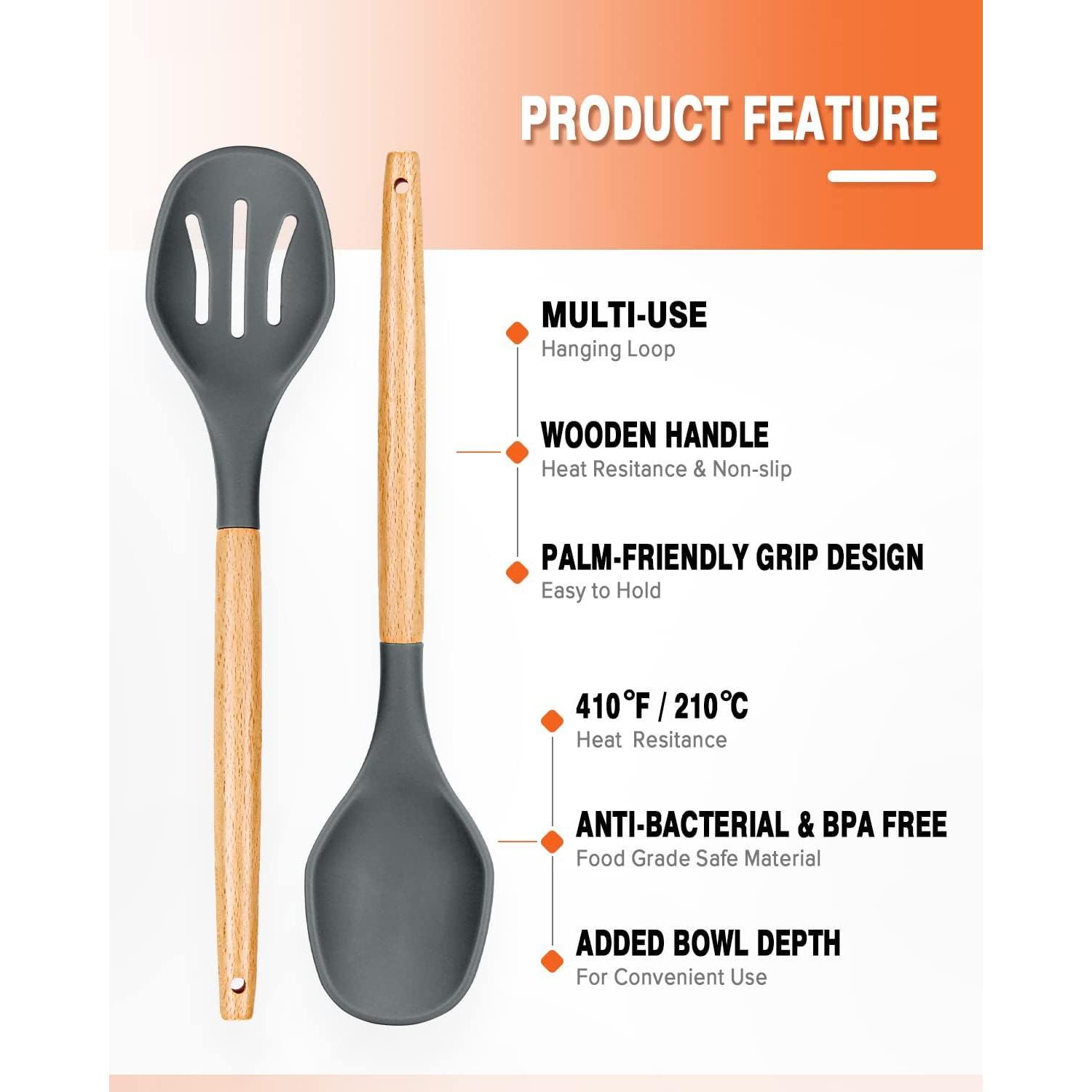 Large  Cooking Spoons, 2 Pack Nonstick Solid and Slotted Wooden handle Spoon Set, Heat Resistan  Kitchen Spoons for Cooking, Serving, Basting, Mixing (Grey)