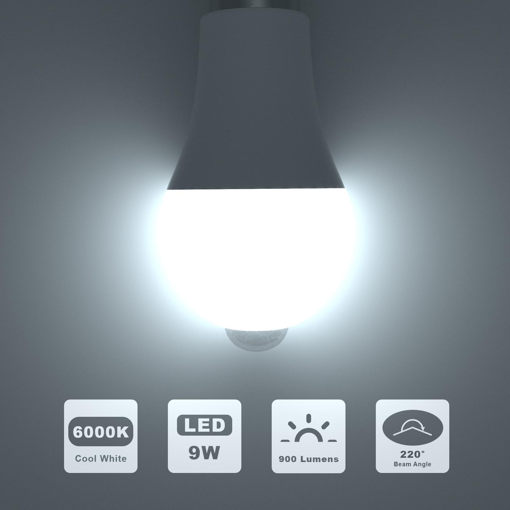 4-Pack Motion Sensor LED Light Bulbs A19 E26 9W PIR Built-in IR 6000K Cool White，60watt Equivalent Bright 900 Lumens for Garage, Closet,Porch, Stairs