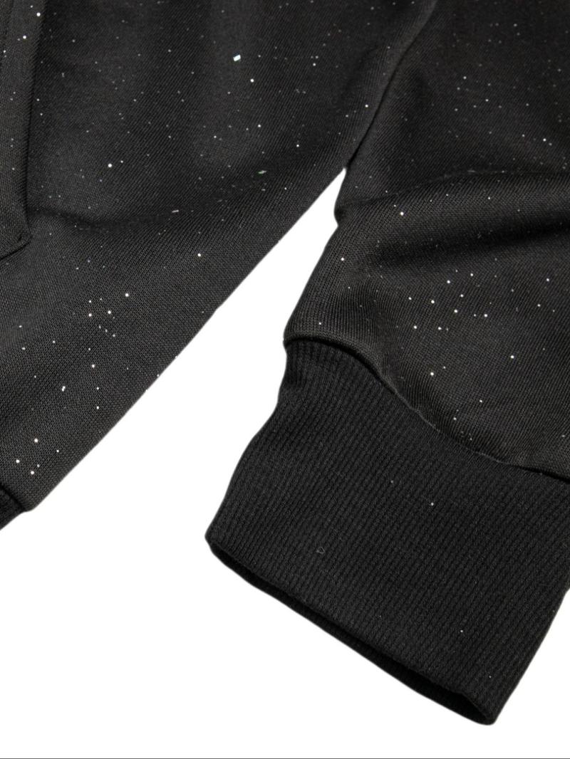 Men's Fleece Hoodie Sweatshirt, College Style Letter Print, Silver Color Sequins, Kangaroo Pocket, Casual Fall & Winter Wear