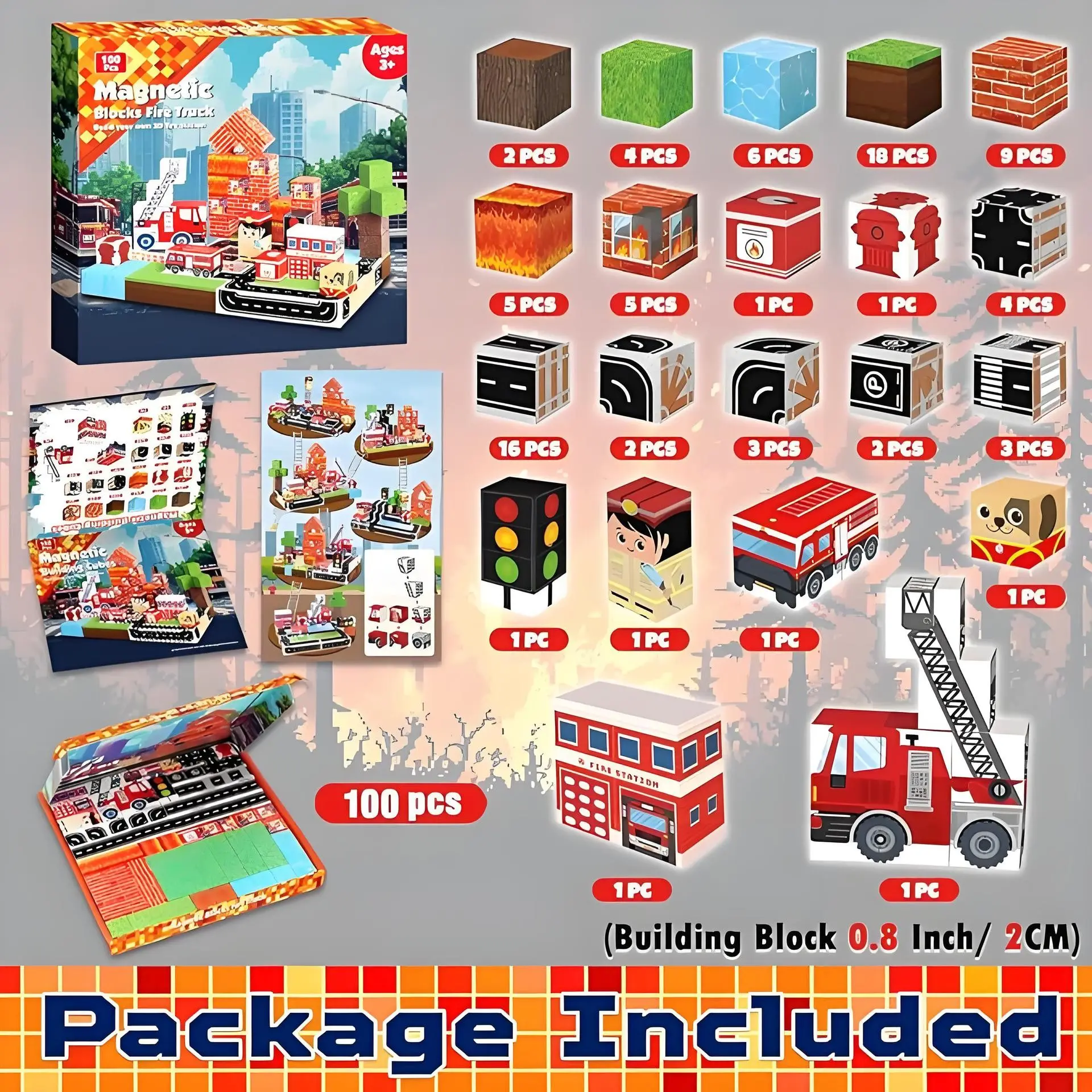 100pcs Magnetic Building Blocks, Firefighter Theme Puzzle Set, Educational Assembly Toys, Perfect for Birthday, Party, Halloween, Christmas Gifts