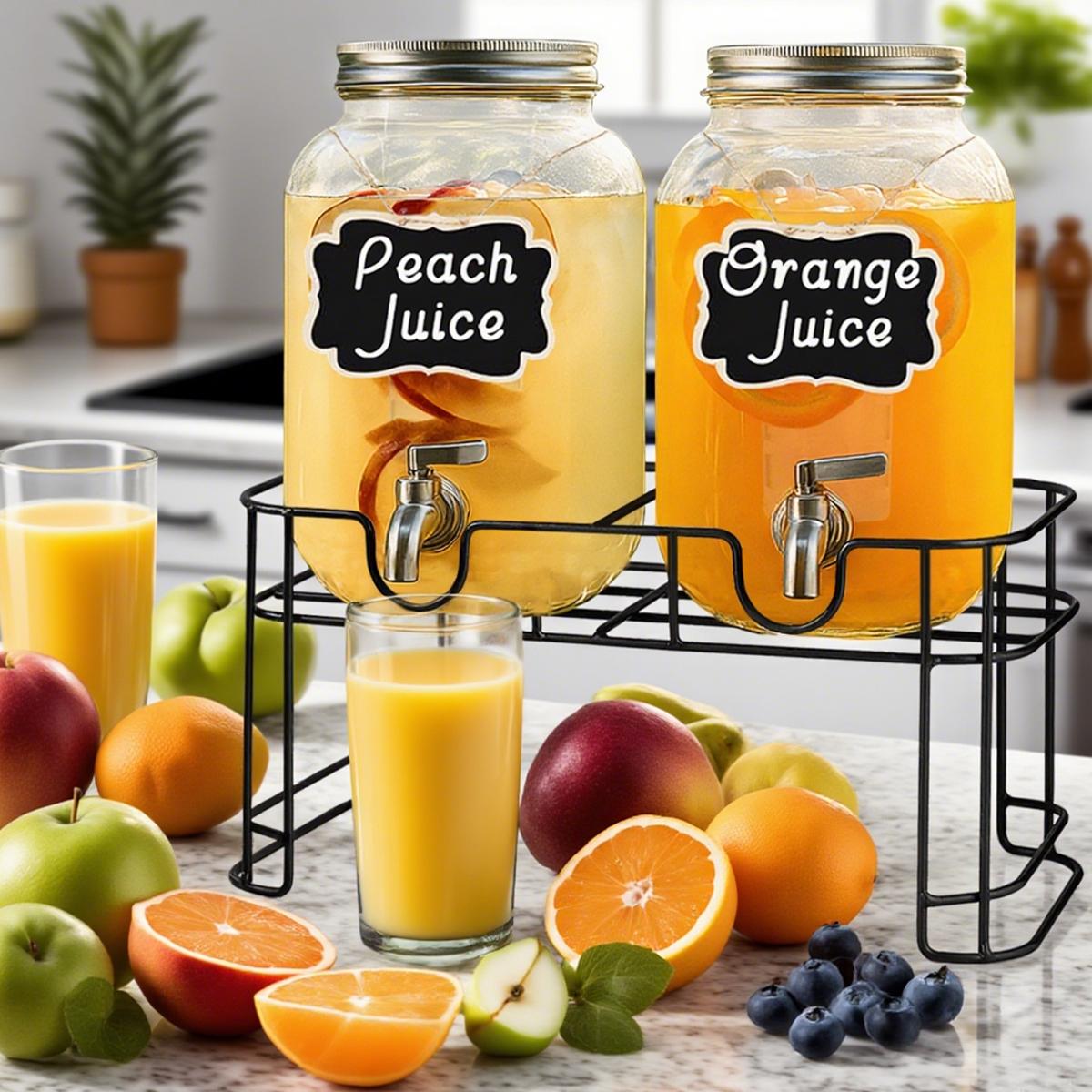 2 Packs 1 Gallon Glass Drink Dispenser with Stainless Steel Tap & Stand, Cold Beverage Dispenser, for Water, Juice, Punch, Lemonade & Parties, Decorative Labels for Home, Parties, Catering - (Cup Not Included)