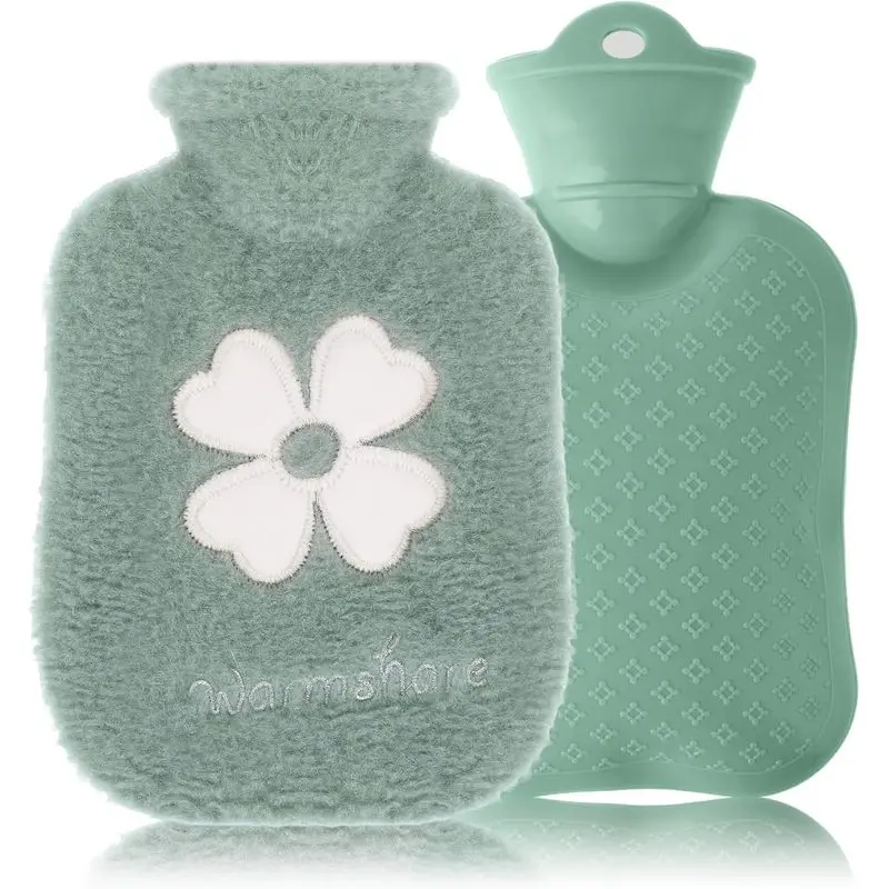 500ml Hot Water Bottle, 2-in-1 Small Hot Water Bottle with Cover Warm Water Bag with Soft Premium Faux Fur Cover Water Bag for Cold & Hot Compress Mini Hot-Water Bag for Women Men (Green)