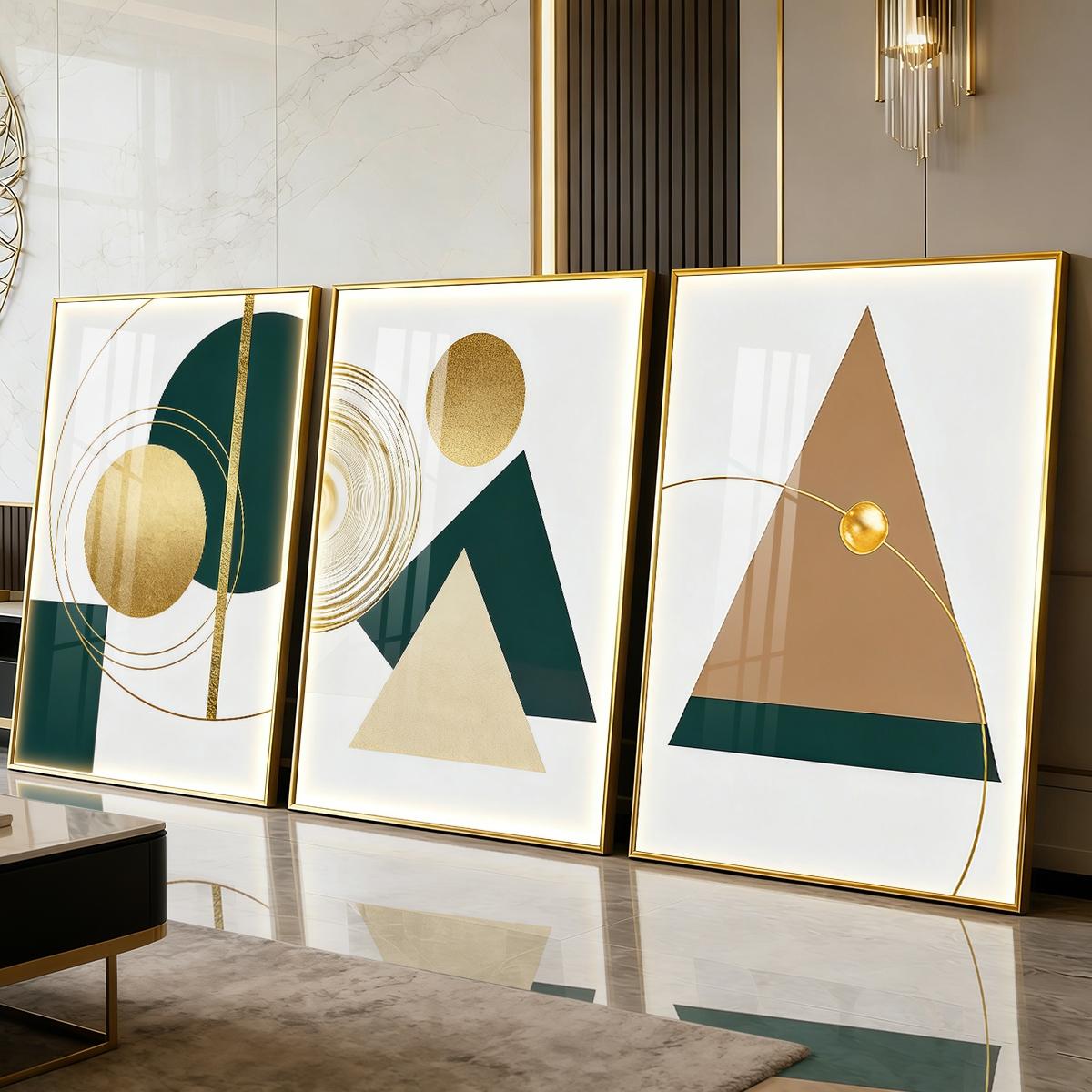 3 Counts Aluminum Alloy Framed Painting, Geometric Gold And Green Abstract Shapes Pictures, Home Decoration For Living Room, Bedroom, Office, Restaurant, Hallway Wall Decor, Odorless Print Artwork, Luxury Perfect Gift For Friends And Family