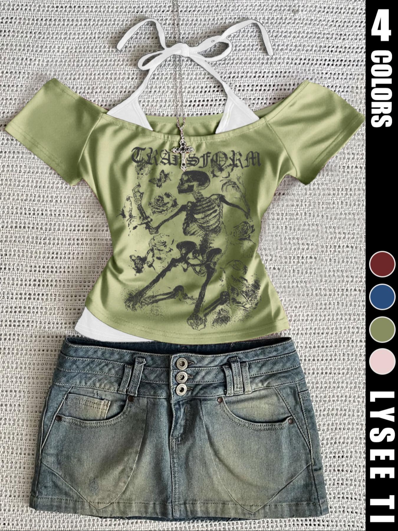 Fashion and casual Y2k women's skull printed back strap Fitted T-shirt