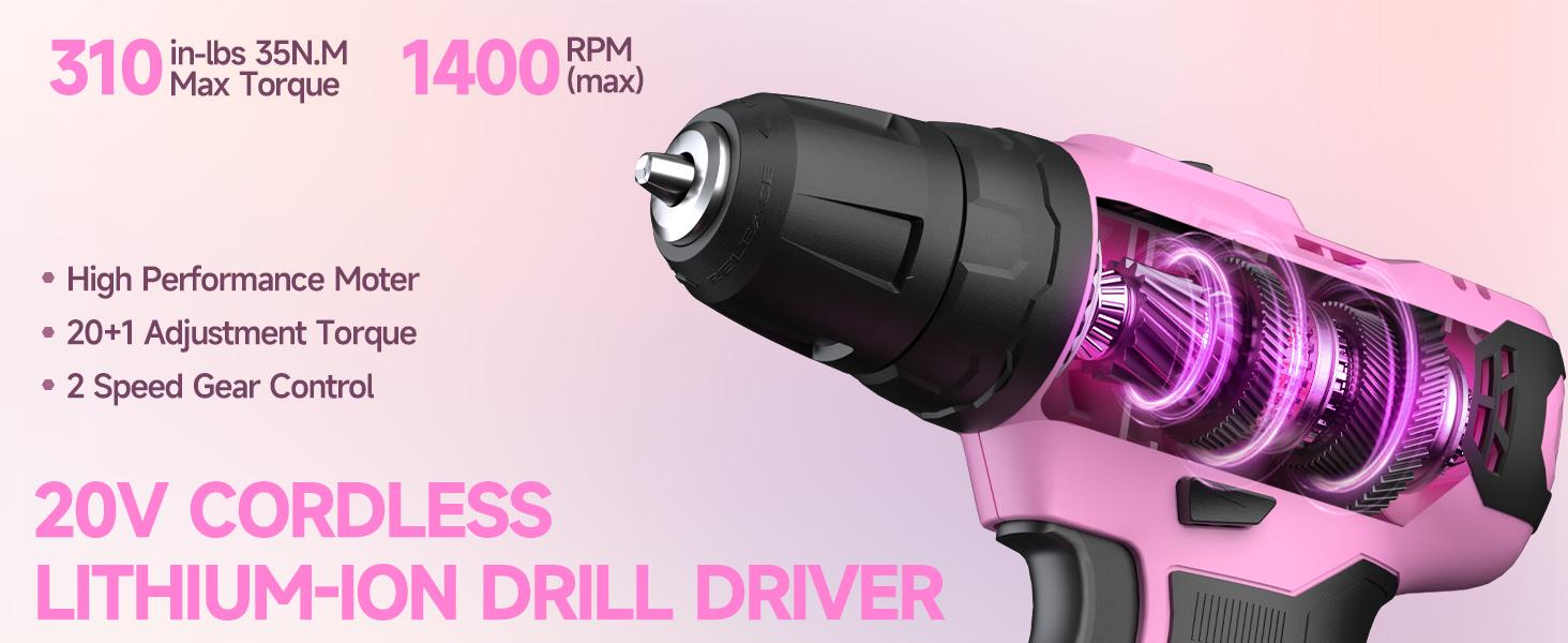 PULITUO 20V Cordless Pink Drill Tool Kit Set 238-Piece Power Drill Tool Box with Battery Electric Drill Driver for Lady's Repairing Kit Toolbox Tools Sets