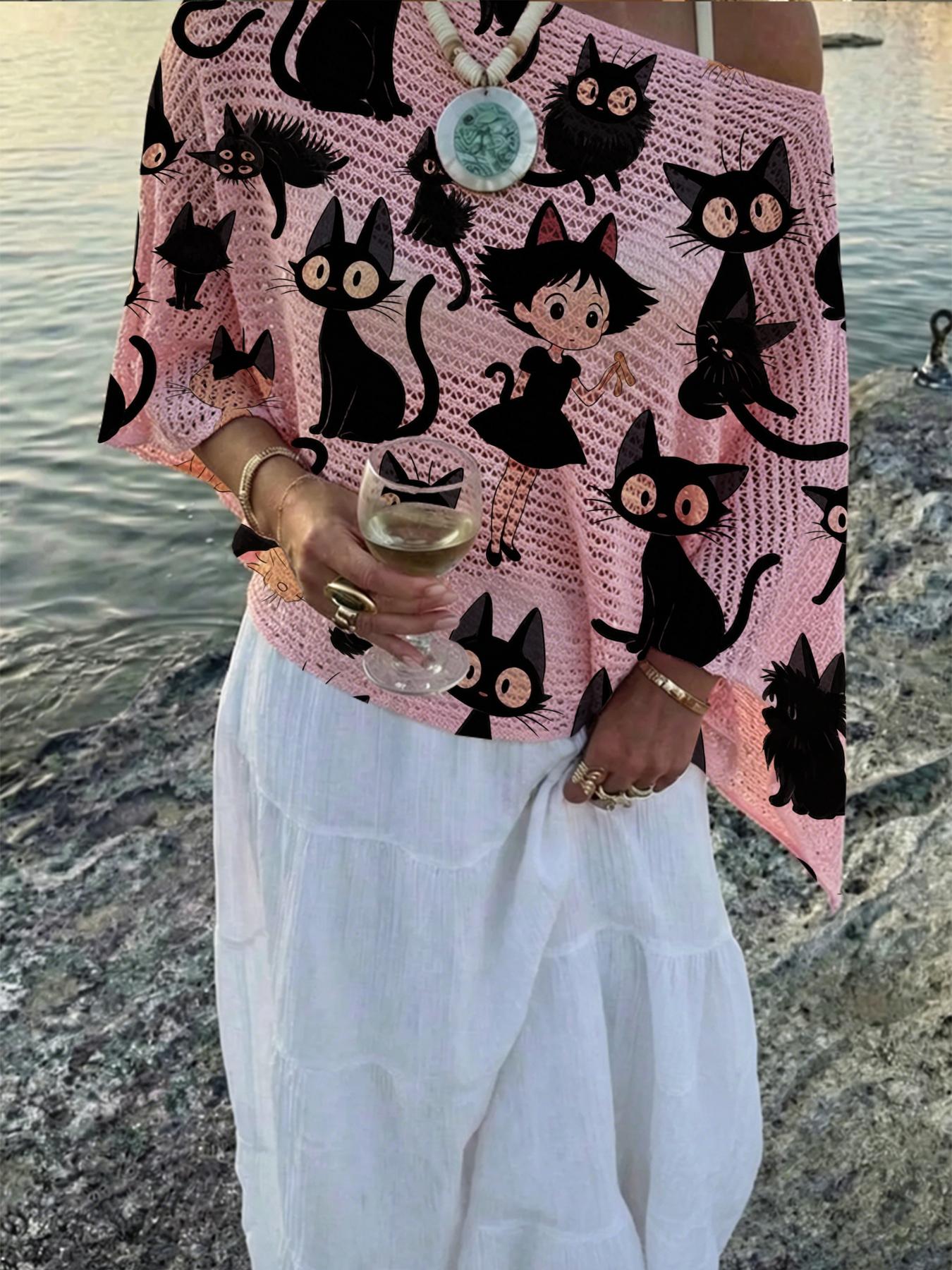 Elegant Cartoon Animal Print One-Shoulder Long Sleeve Knit Top, Casual Vacation Style, Comfortable Breathable Women's Shirt, Spring Summer Fall Fashion