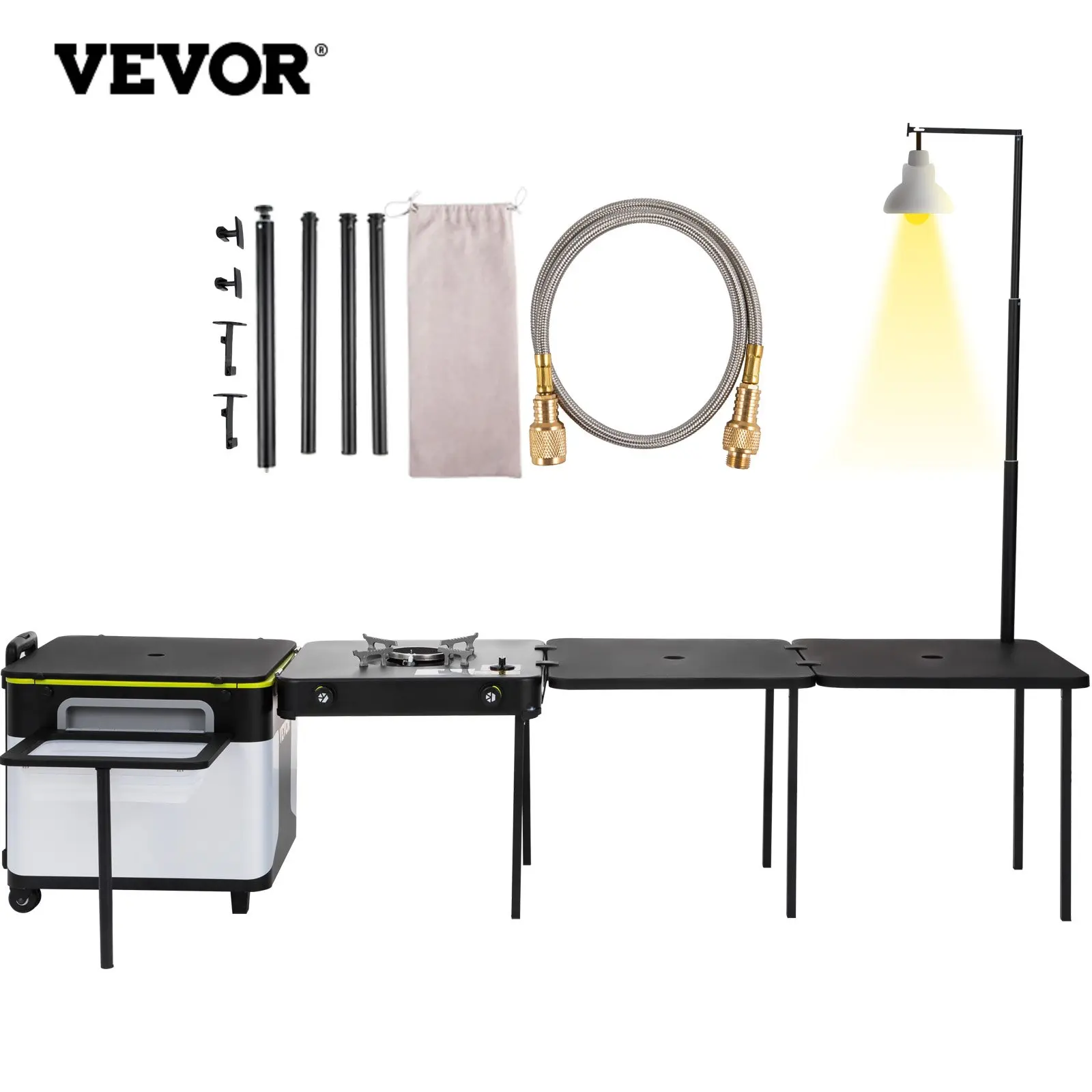 VEVOR Outdoor Mobile Kitchen Portable Kit with Wheels - Windproof Stove, Folding Tables, Folding Legs, Storage Organizer, All-in-1 Integrated Outdoor Cook Station, Black, Tables+Stove, Windproof Burner