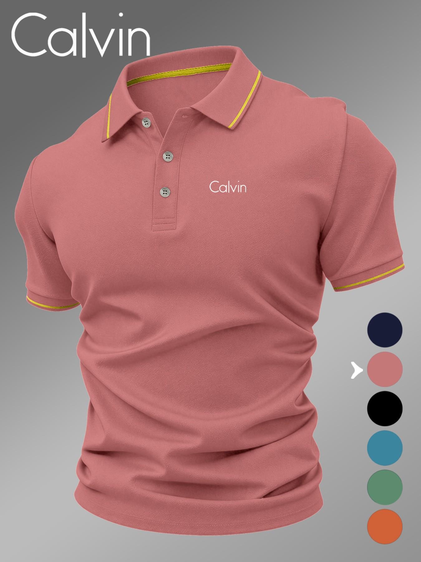 Lb5030 Classic Calvin Logo Print Men's Polo Shirt, Fitted Geometric Pattern, Casual Style, Breathable and Comfortable, All-Season Wear