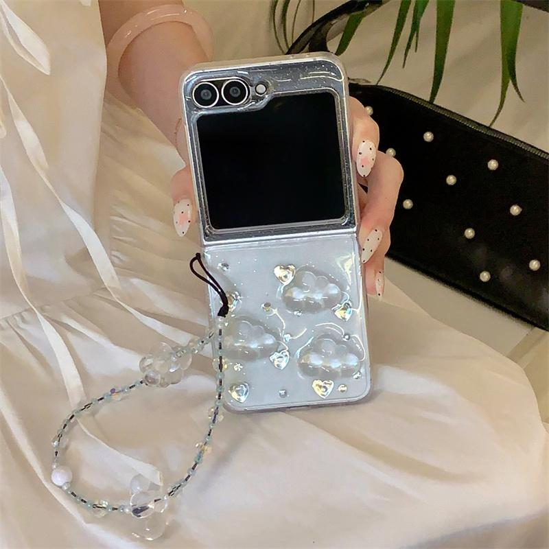 Fashion Glitter Love Cloud Resin Phone Case For Samsung Galaxy Z Flip 7 6 5 4 Flip7 Flip6 Cover with Chain Hand Rope Cute Cases